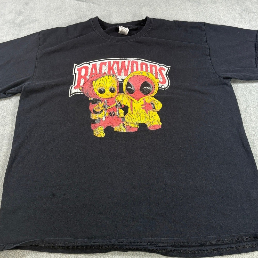 Backwoods Groot Deadpool Mashup Graphic T-Shirt Black Mens‎ Large Gildan Cotton
